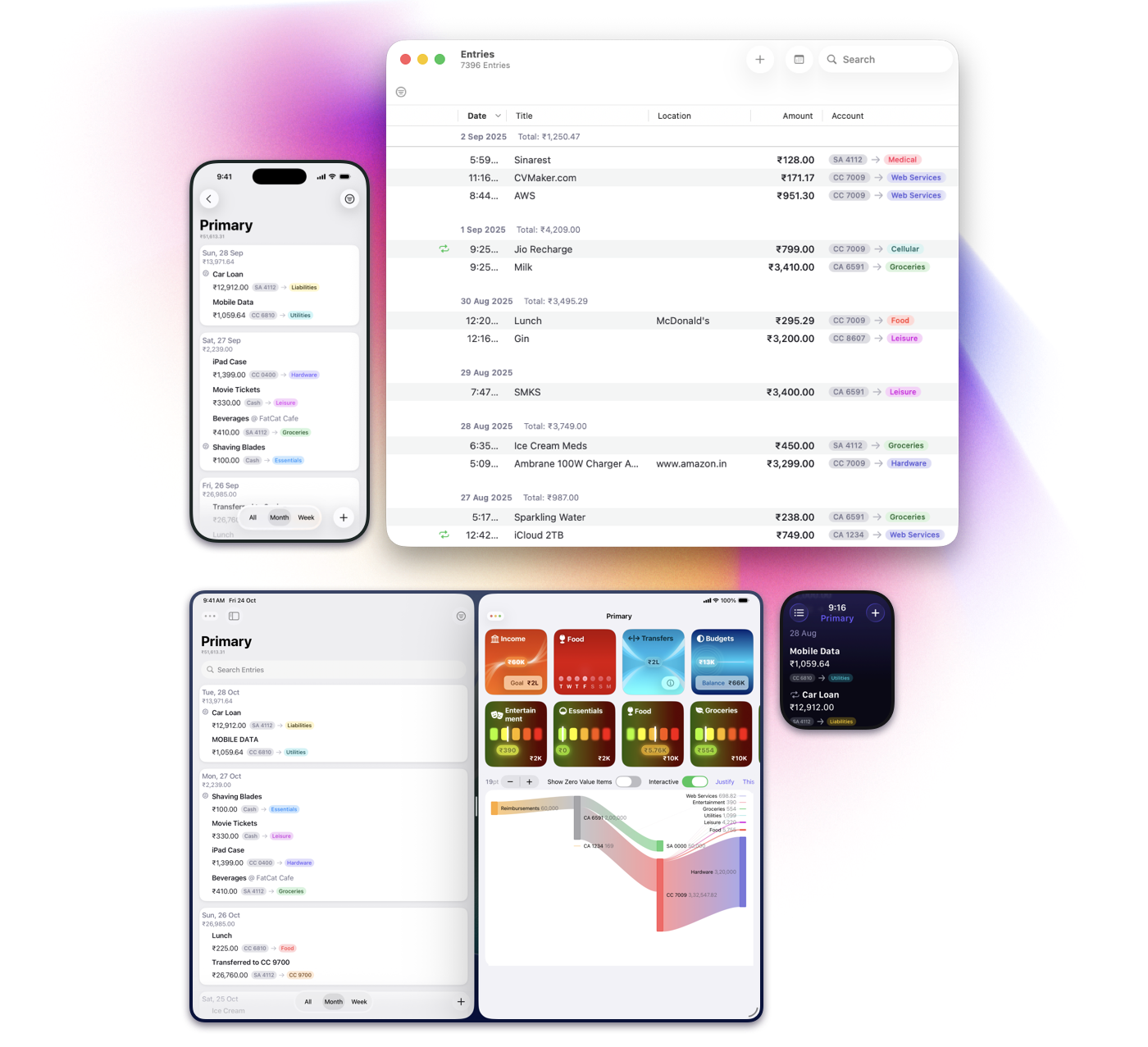 Pockity's ledger timeline displayed on an iPad Pro 12.9 inches and iPhone 16 Pro, watchOS interface, and a shared ledger timeline on iPhone 16 Pro