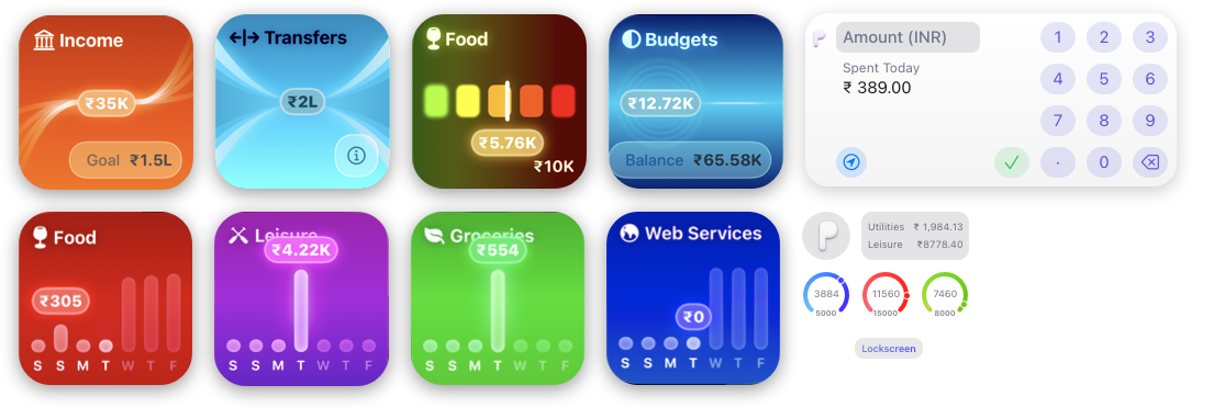 Pockity's widgets: Income, Transfers, Expeneses (Leisure), and Lockscreen widgets